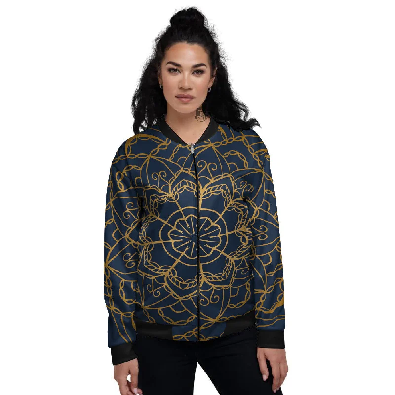 Bohemian Mandala Gold And Blue Print Women's Bomber Jacket