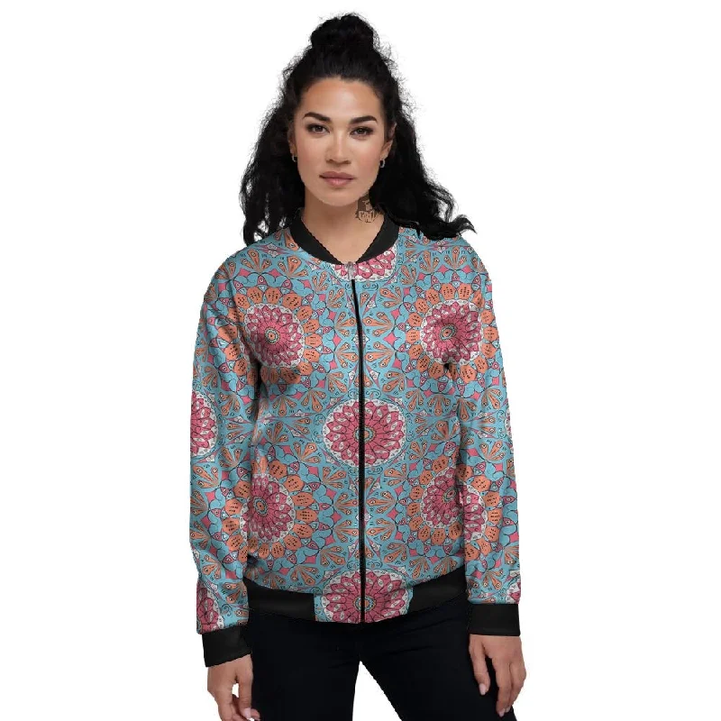 Bohemian Mandala Pink And Teal Print Pattern Women's Bomber Jacket