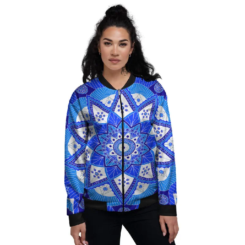 Bohemian Mandala White And Blue Print Women's Bomber Jacket