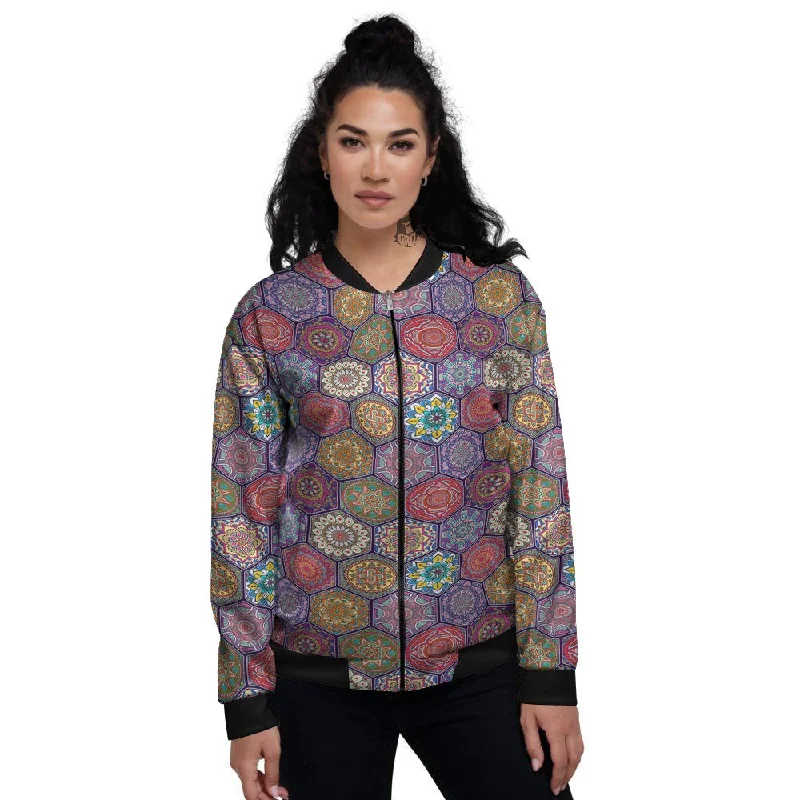 Bohemian Oriental Mandala Print Pattern Women's Bomber Jacket