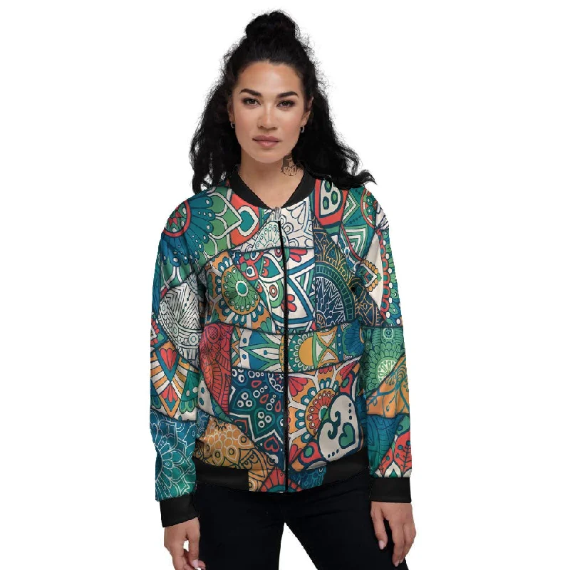 Bohemian Patchwork Mandala Print Pattern Women's Bomber Jacket