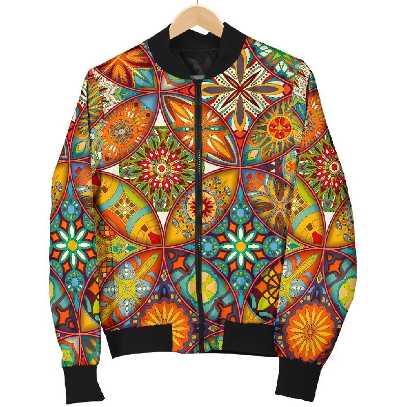 Bohemian Patchwork Print Pattern Women Casual Bomber Jacket