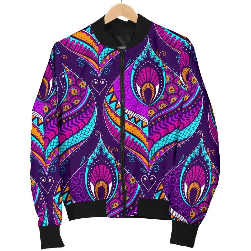 Bohemian Purple Pattern Print Women Casual Bomber Jacket