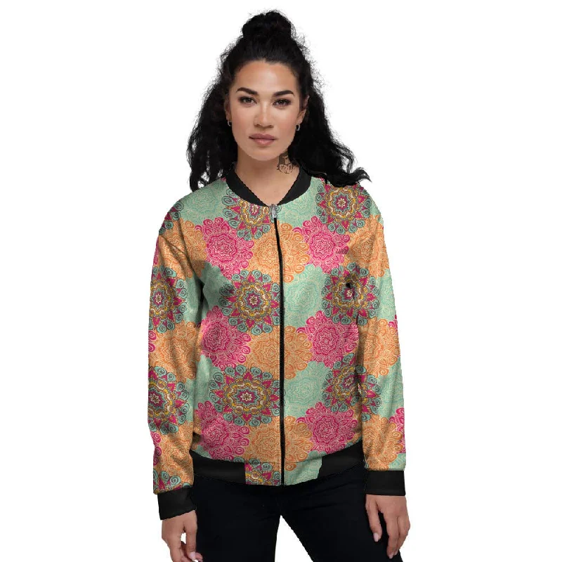 Bohemian Sangria Mandala Print Pattern Women's Bomber Jacket