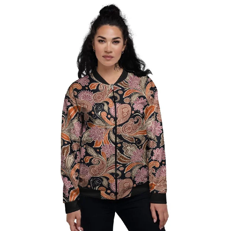 Bohemian Tangerine Floral Print Pattern Women's Bomber Jacket