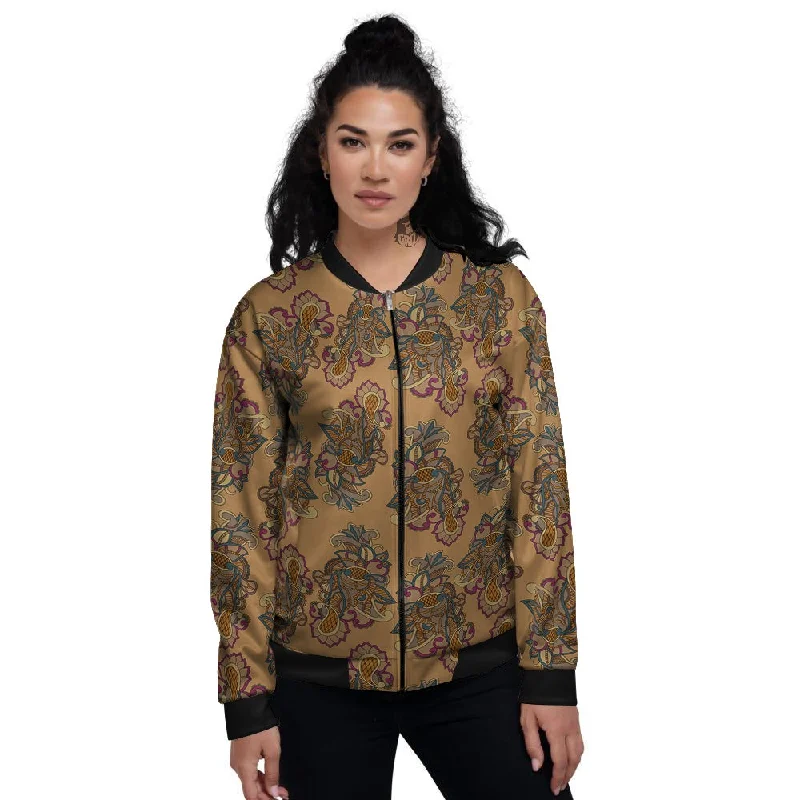 Bohemian Umber Floral Print Pattern Women's Bomber Jacket