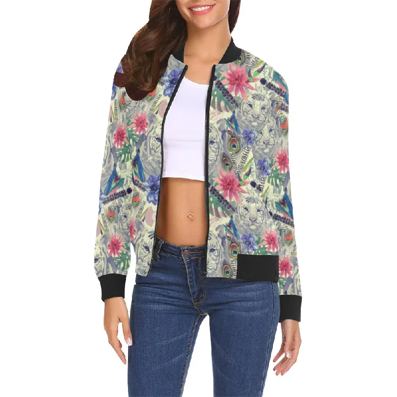 Bohemian White Tiger Pattern Print Women Casual Bomber Jacket