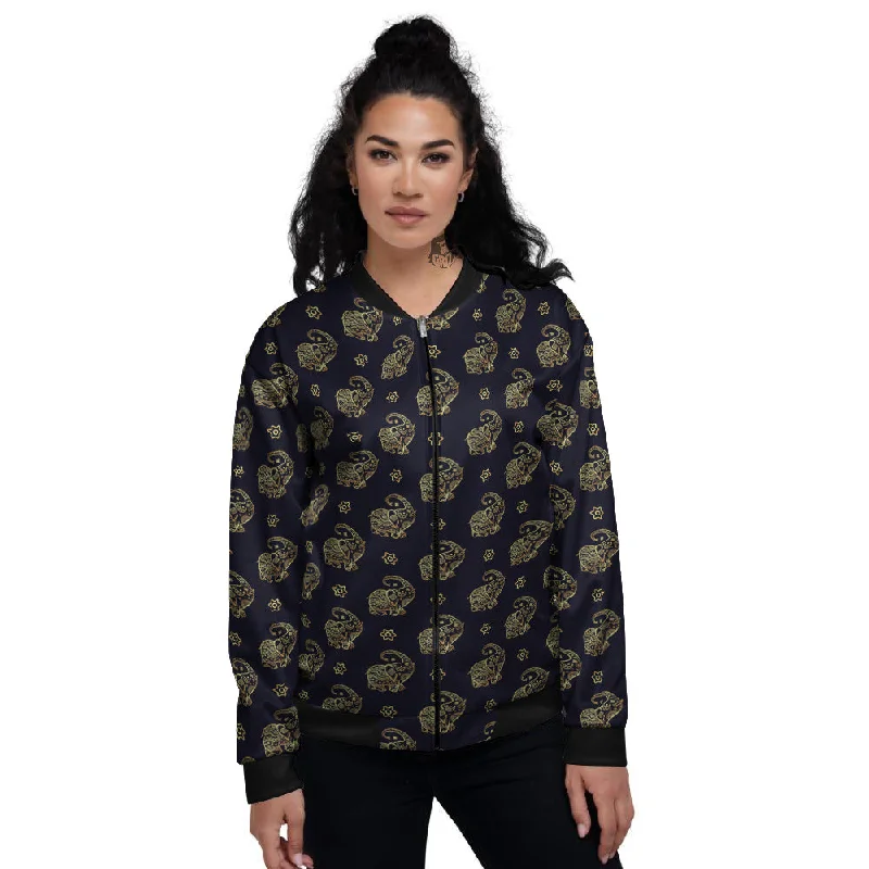 Boho Elephant Gold Cute Print Pattern Women's Bomber Jacket