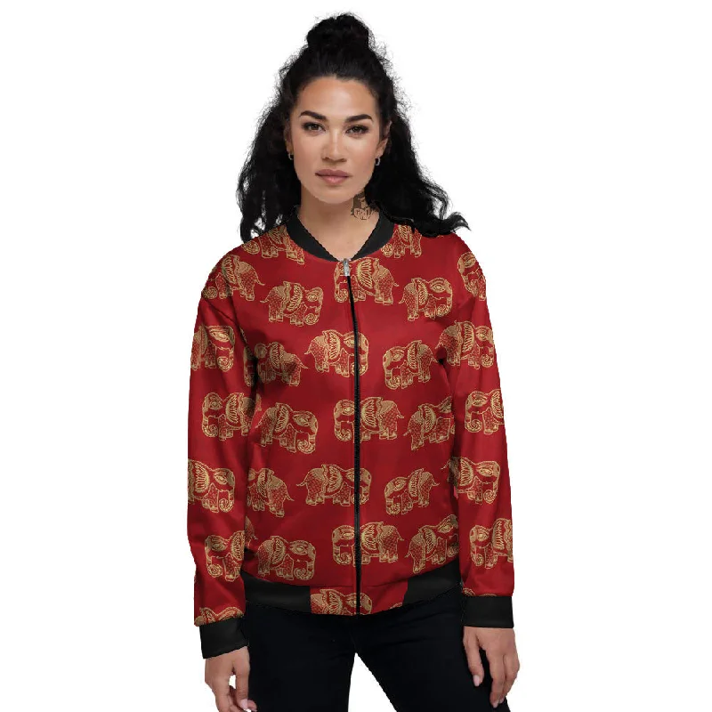 Boho Elephant Red And Gold Print Women's Bomber Jacket