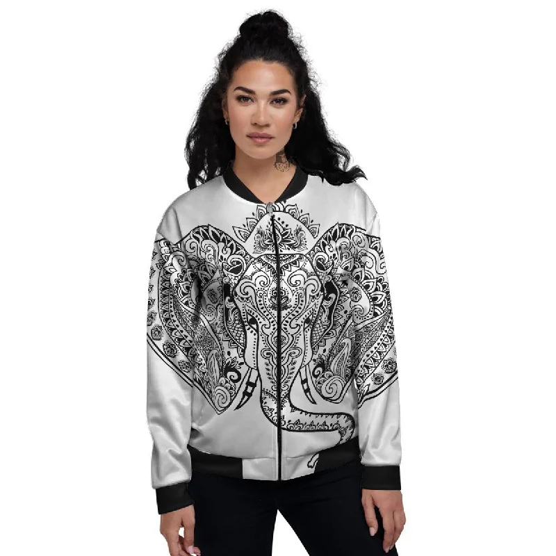 Boho Elephant White And Black Print Women's Bomber Jacket