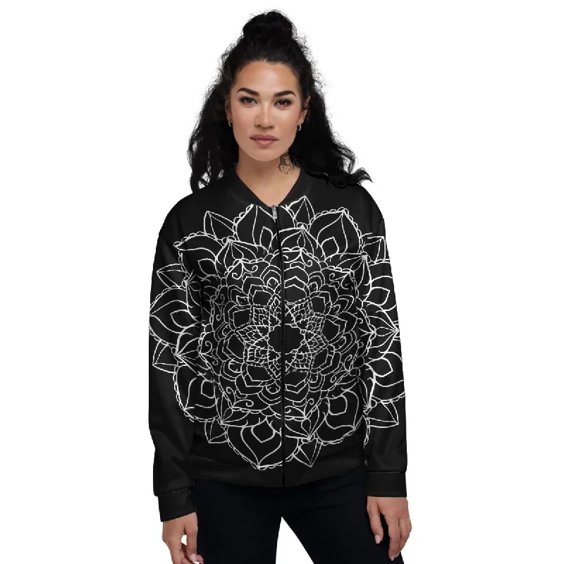 Boho Mandala White And Black Print Women's Bomber Jacket