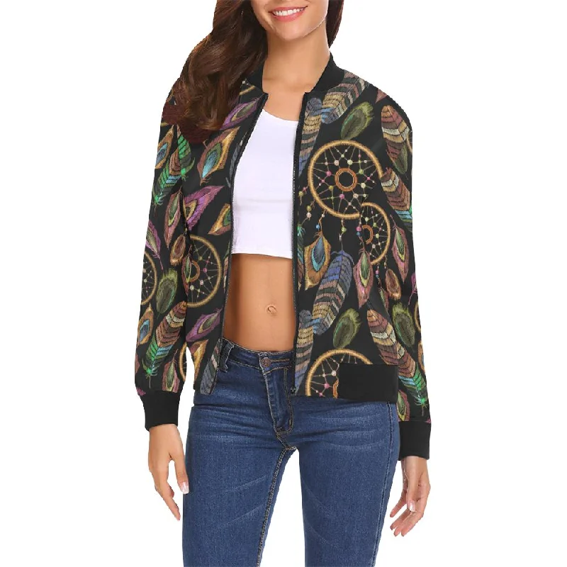 Boho Peacock Dream Catcher Feather Pattern Print Women Casual Bomber Jacket