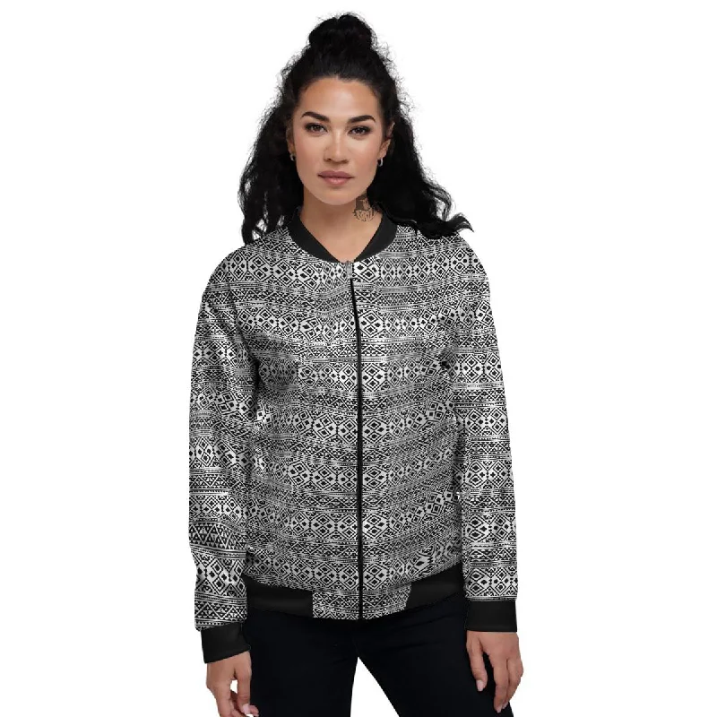 Boho Tribal White And Black Print Women's Bomber Jacket