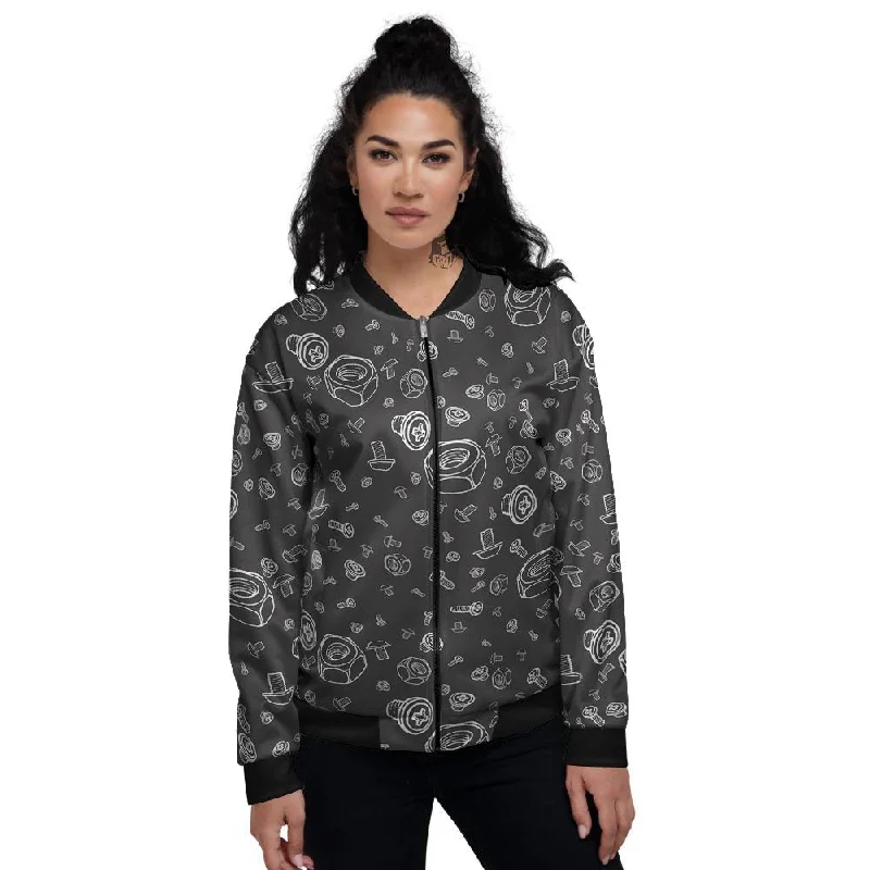 Bolts and Mechanic Nuts Print Pattern Women's Bomber Jacket