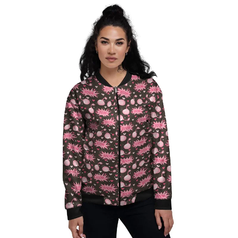 Bomb Boom Pink And Heart Print Pattern Women's Bomber Jacket