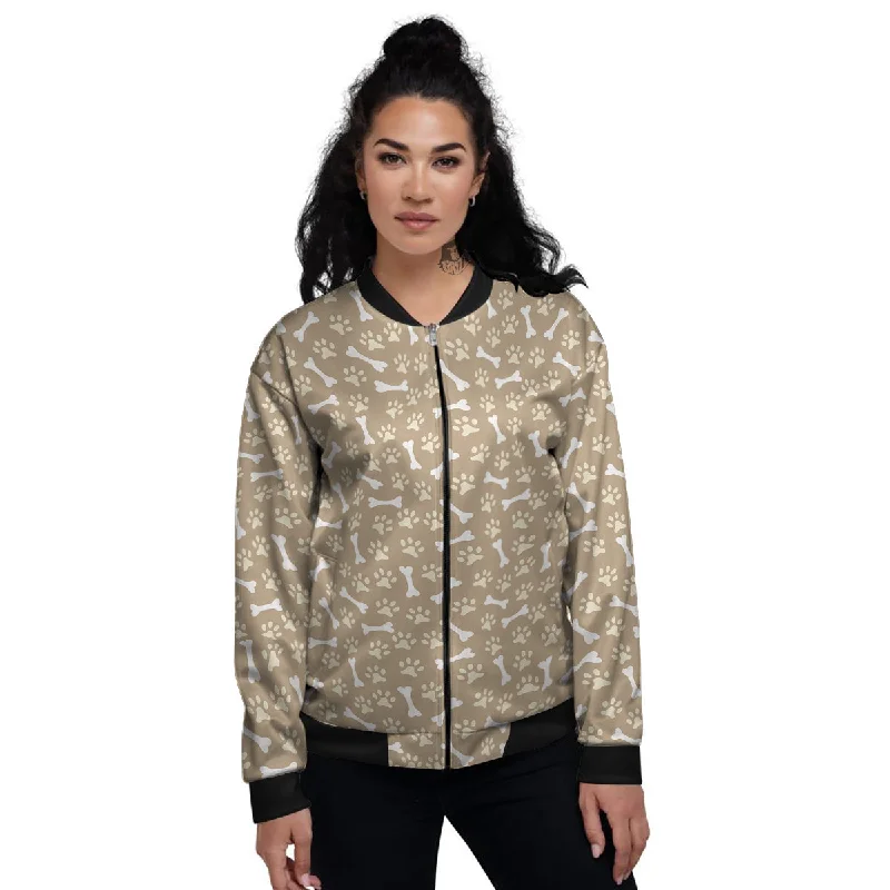 Bone And Beige Paw Print Pattern Women's Bomber Jacket