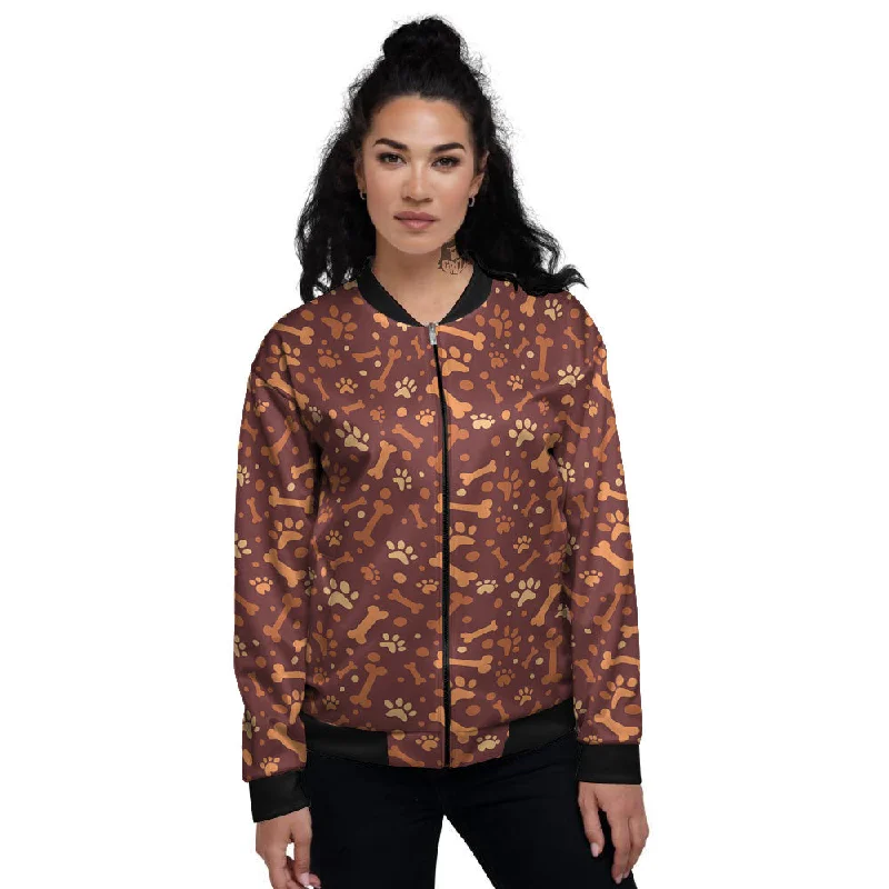 Bone And Brown Paw Print Pattern Women's Bomber Jacket