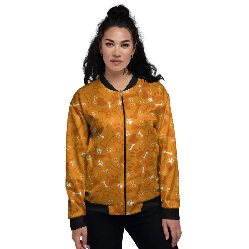 Bone And Orange Paw Print Pattern Women's Bomber Jacket