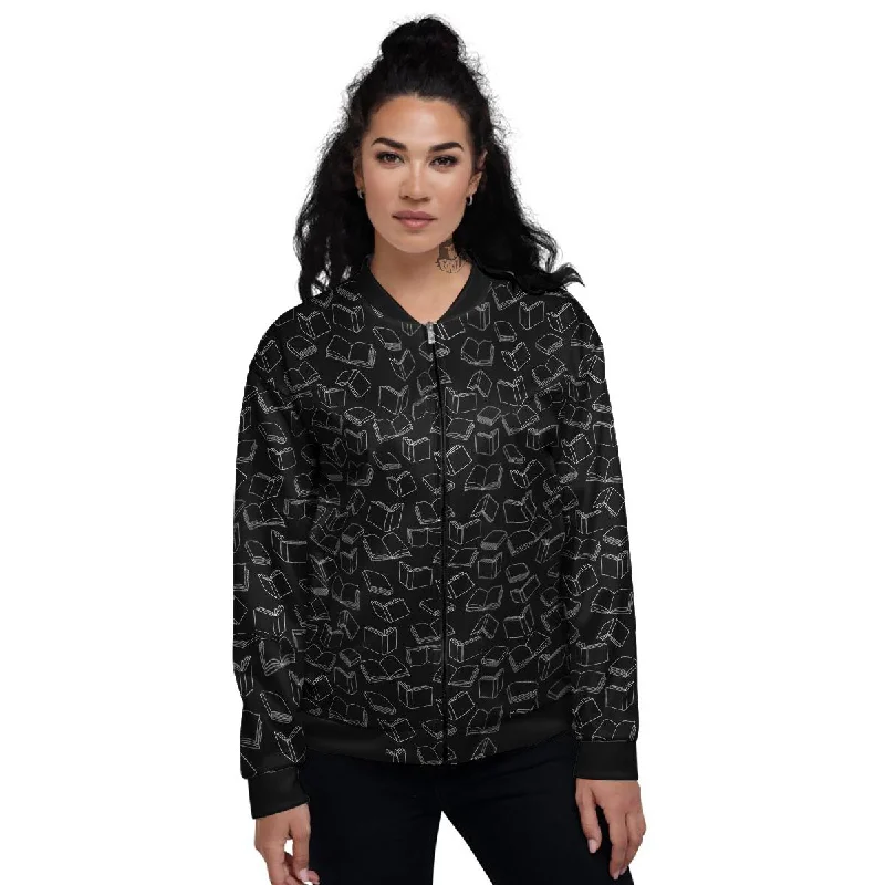 Books White And Black Print Pattern Women's Bomber Jacket