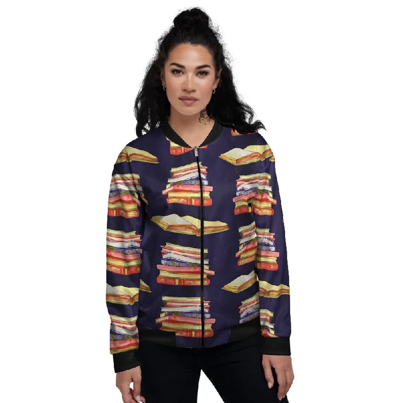 Bookshelf Watercolor Print Pattern Women's Bomber Jacket