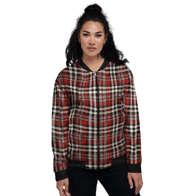 Border Tartan Red Black And White Print Pattern Women's Bomber Jacket