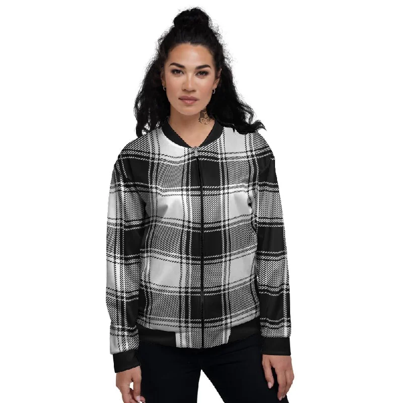 Border Tartan White And Black Print Pattern Women's Bomber Jacket