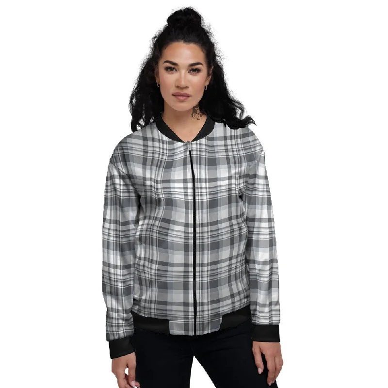 Border Tartan White And Grey Print Women's Bomber Jacket