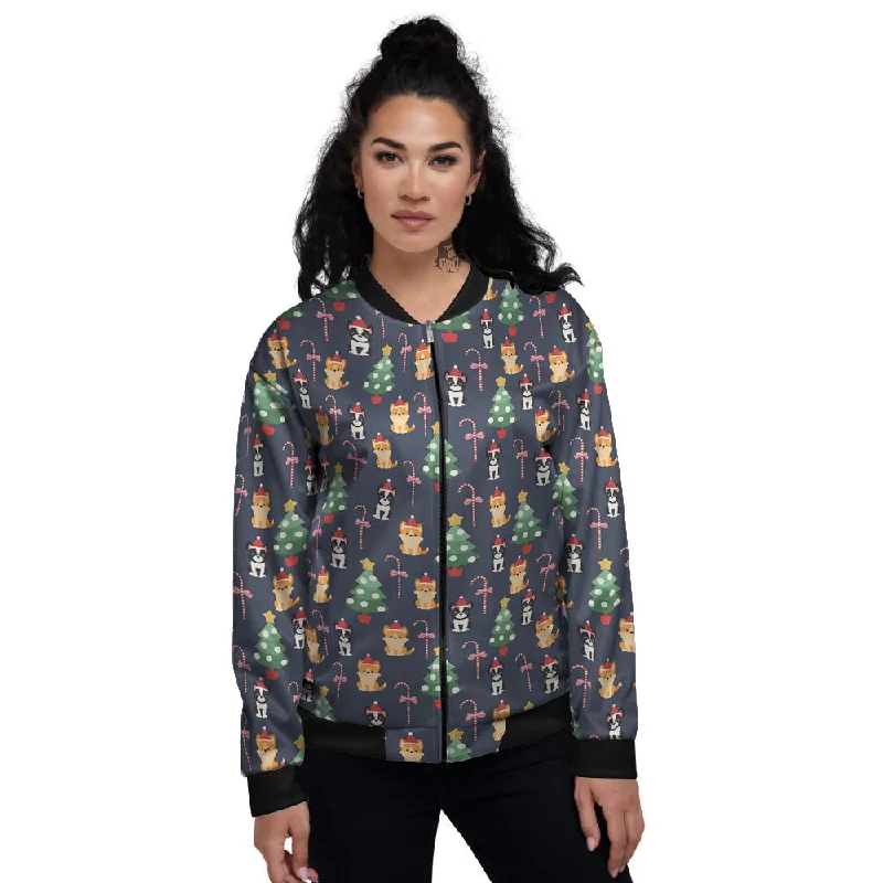 Boston Terrier And Corgi Christmas Print Women's Bomber Jacket