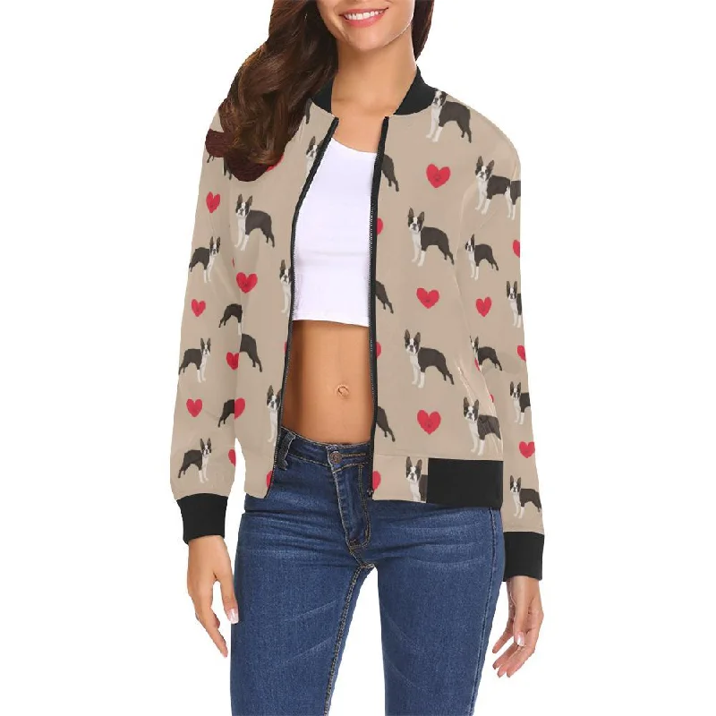 Boston Terrier Heart Paw Pattern Print Women Casual Bomber Jacket