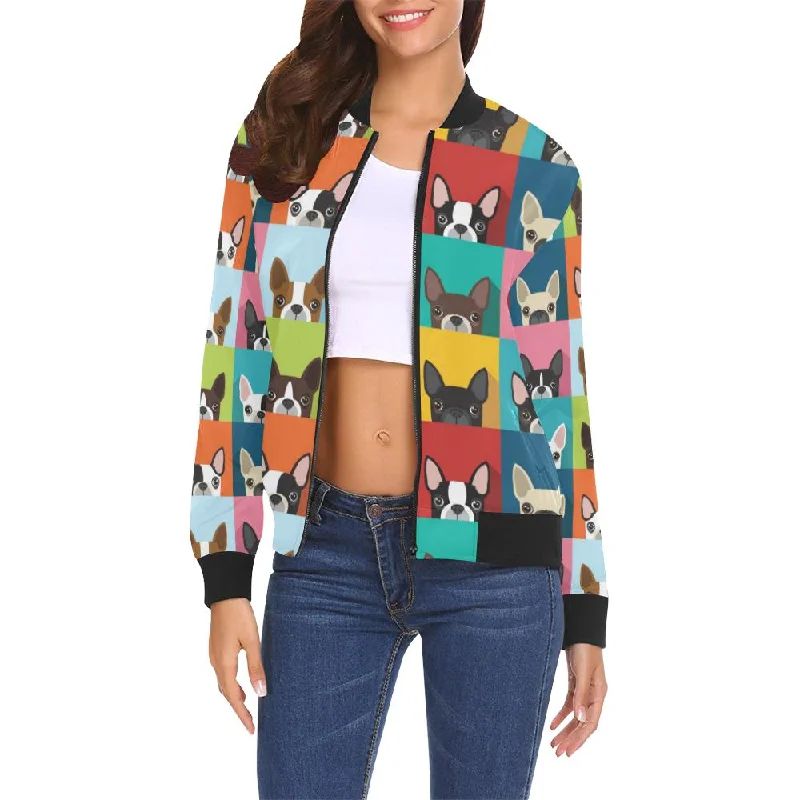 Boston Terrier Pattern Print Women Casual Bomber Jacket