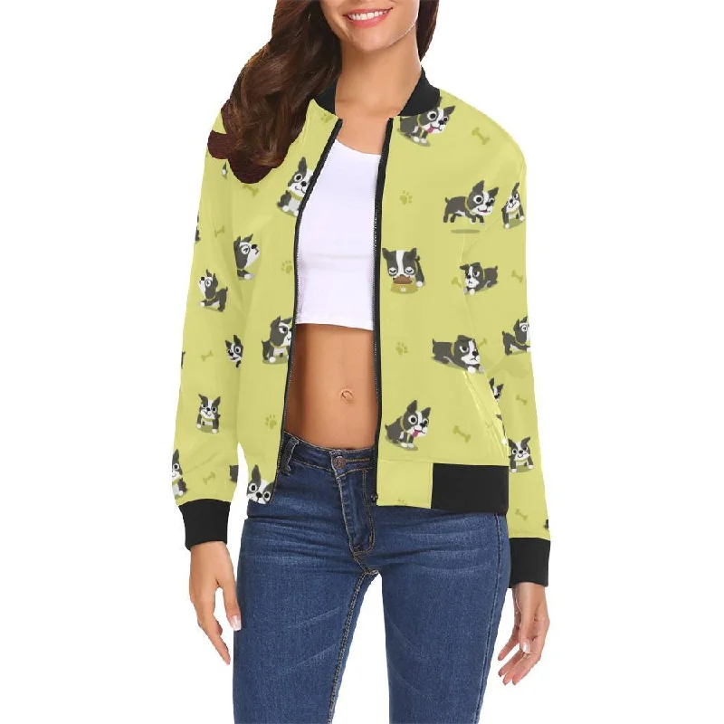 Boston Terrier Paw Pattern Print Women Casual Bomber Jacket