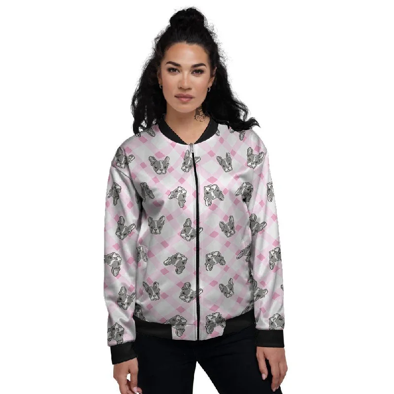 Boston Terrier Pink Plaid Print Pattern Women's Bomber Jacket