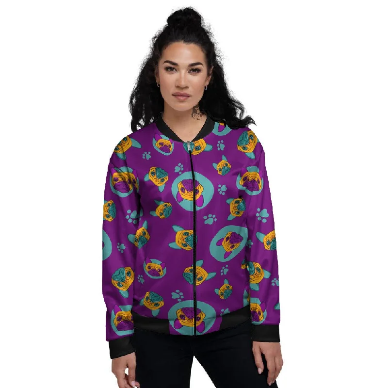 Boston Terrier Purple Print Pattern Women's Bomber Jacket