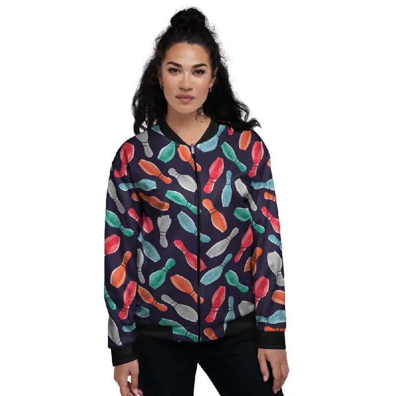 Bowling Pins Watercolor Print Pattern Women's Bomber Jacket