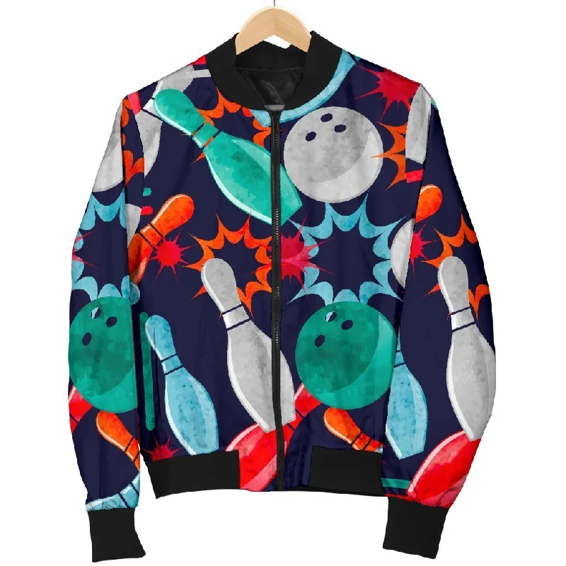 Bowling Stike Pattern Print Women Casual Bomber Jacket