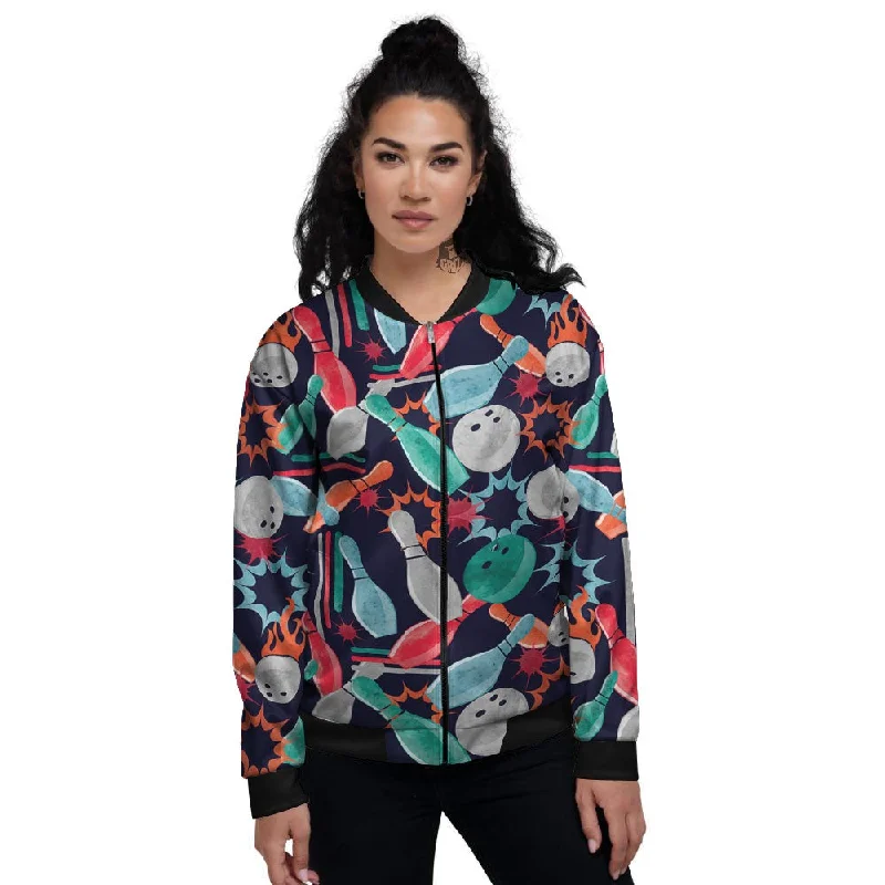 Bowling Theme Watercolor Print Pattern Women's Bomber Jacket