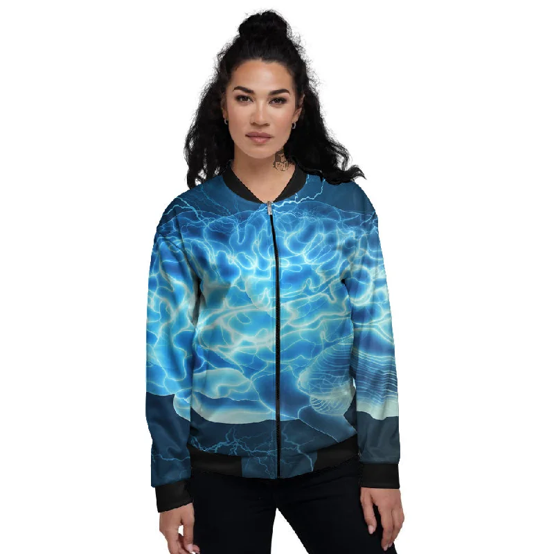 Brain Activity Blue Electrical Print Women's Bomber Jacket