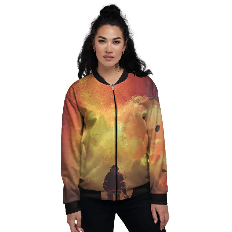 Brave Firefighter In The Fire Print Women's Bomber Jacket