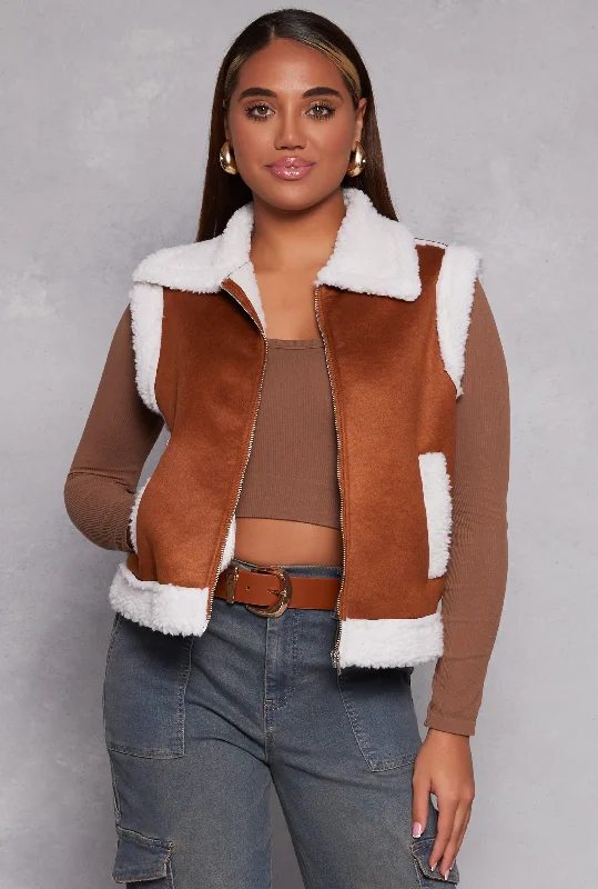 Faux Suede Sherpa Lined Zip Front Vest