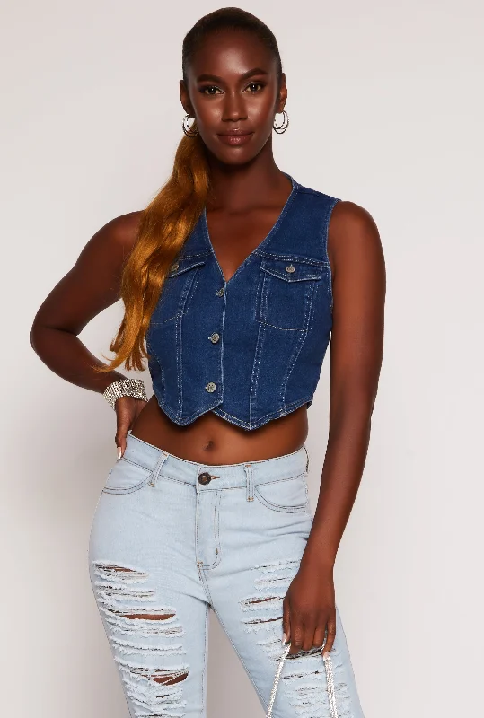 Haute Monde Denim Button Front Cropped Vest