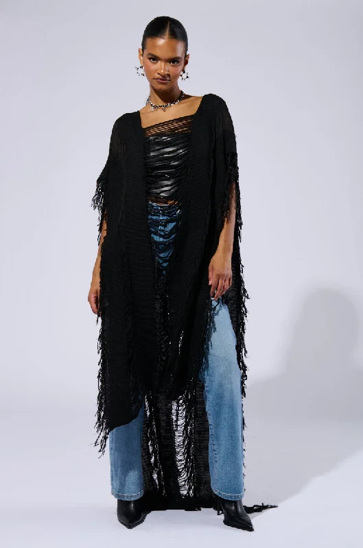 GOOD VIBES DISTRESSED PONCHO IN BLACK