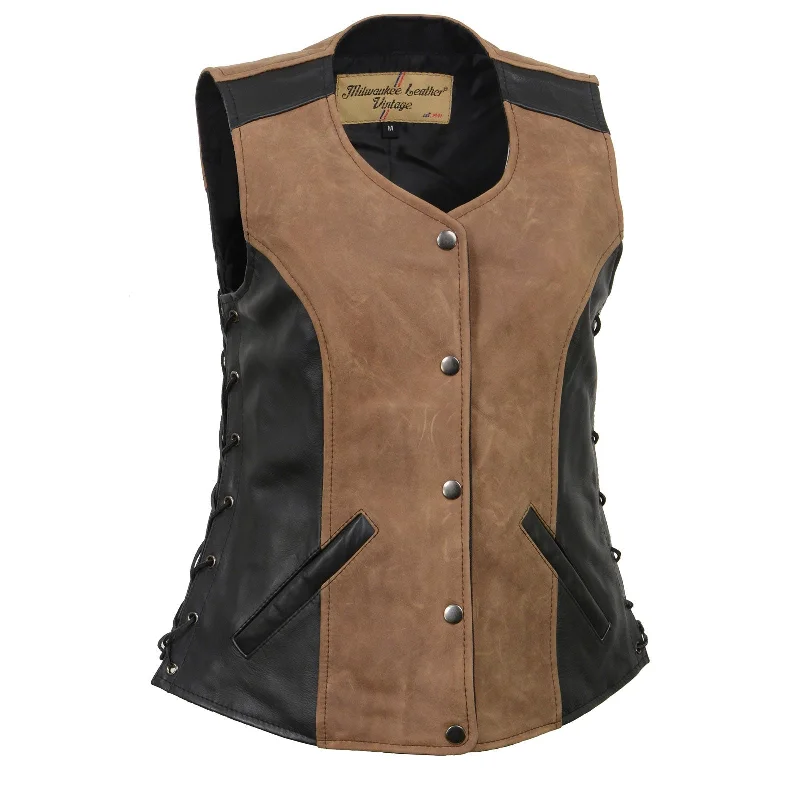 Milwaukee Leather MLL4508 Women's 'Trickster' Vintage Two Tone Crazy Horse Brown and Black Leather Club Style Motorcycle Vest