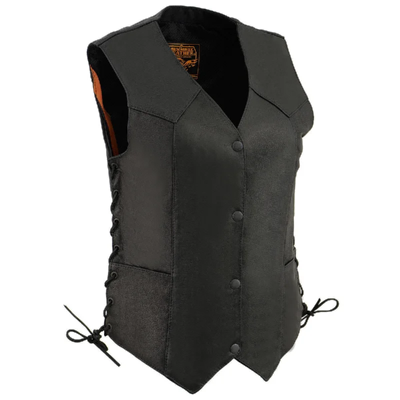 Milwaukee Leather MLL4546 Women's Black Naked Leather Lightweight 4-Snap V-Neck Side Lace Motorcycle Rider Vest