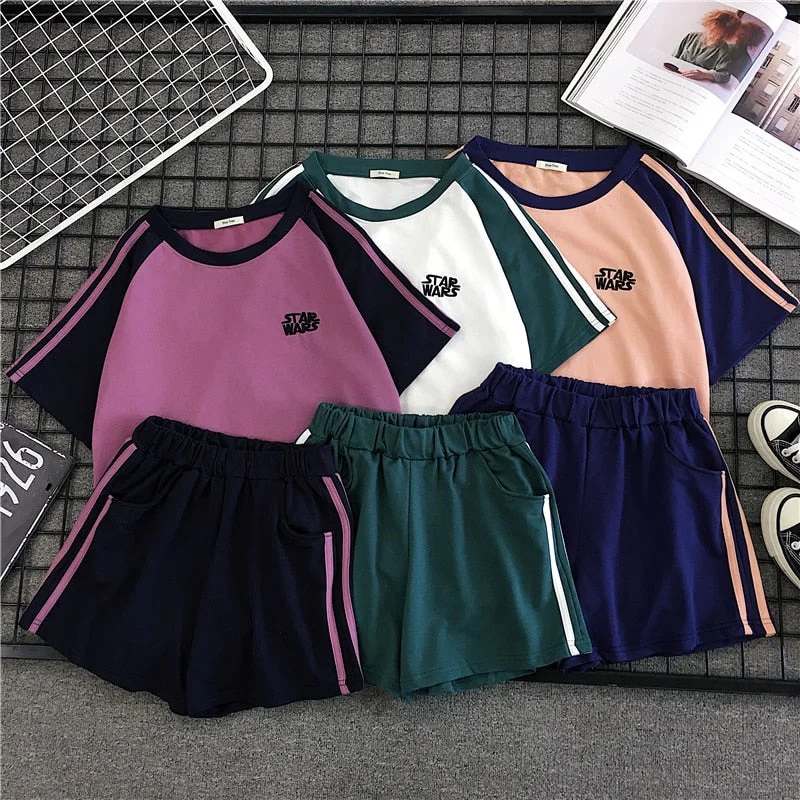 Striped Casual Short Set Women Summer Letters Pattern Short Sleeve T-shirt + Wide Leg Short Purple Two Pieces Set Matching Set