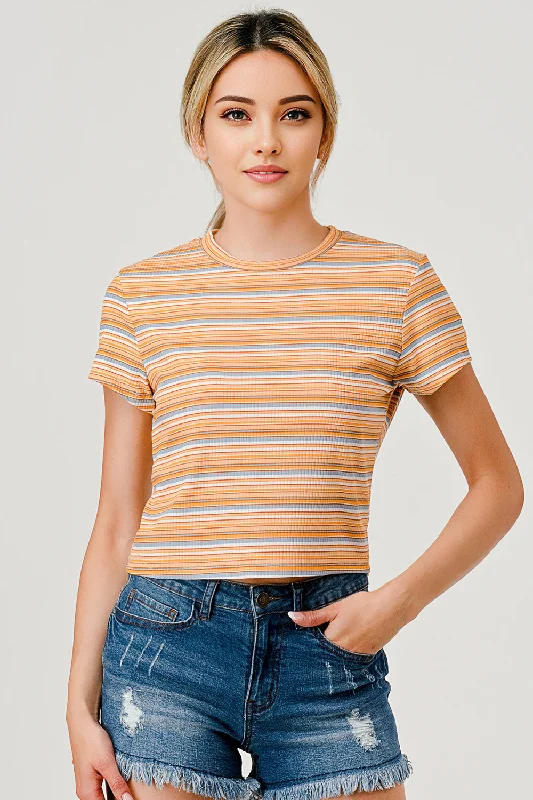 Wholesale Womens Crop Rib Knit Short Sleeve Tops With Matching Scrunchie - Orange Stripes