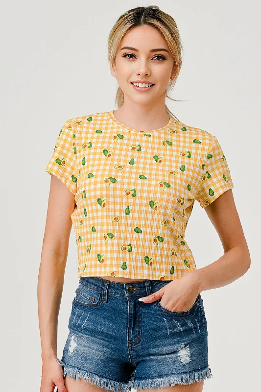 Wholesale Womens Crop Rib Knit Short Sleeve Tops With Matching Scrunchie - Yellow Avocado Plaid