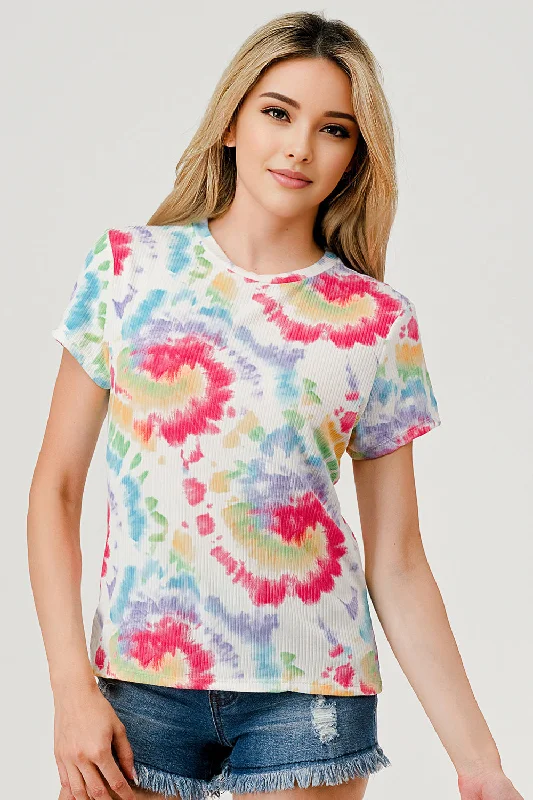 Wholesale Womens Rib Knit Short Sleeve Tops - Multicolor Tie Dye