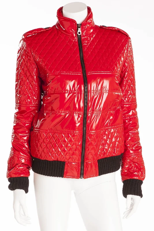 Chanel  - New with Tags Red Pleather Quilt Bomber Jacket - FR 40