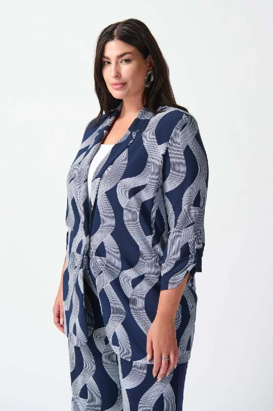 Silky Knit Abstract Print Boxy Blazer in Midnight Blue/Vanilla 242198 by Joseph Ribkoff