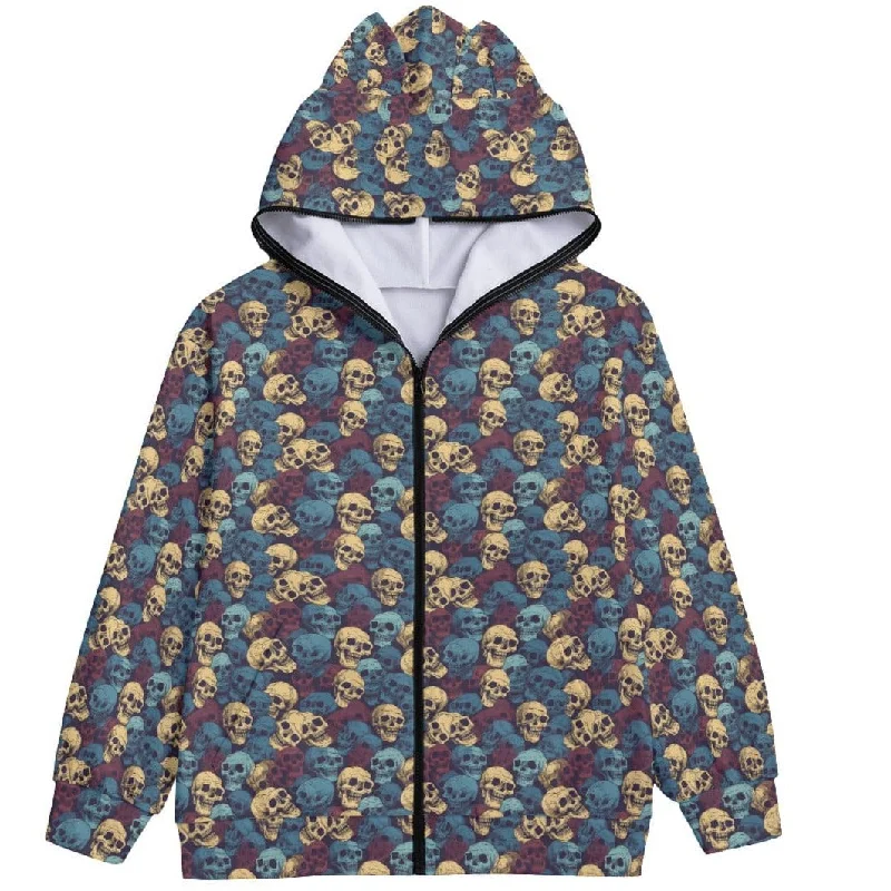 Women's Blue Gold Skulls Hoodie With Zipper Closure